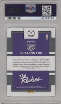 De'Aaron Fox from the 2017-18 Panini Donruss Optic set featuring a Fast Break Holo parallel graded by PSA and given an overall grade of 10.