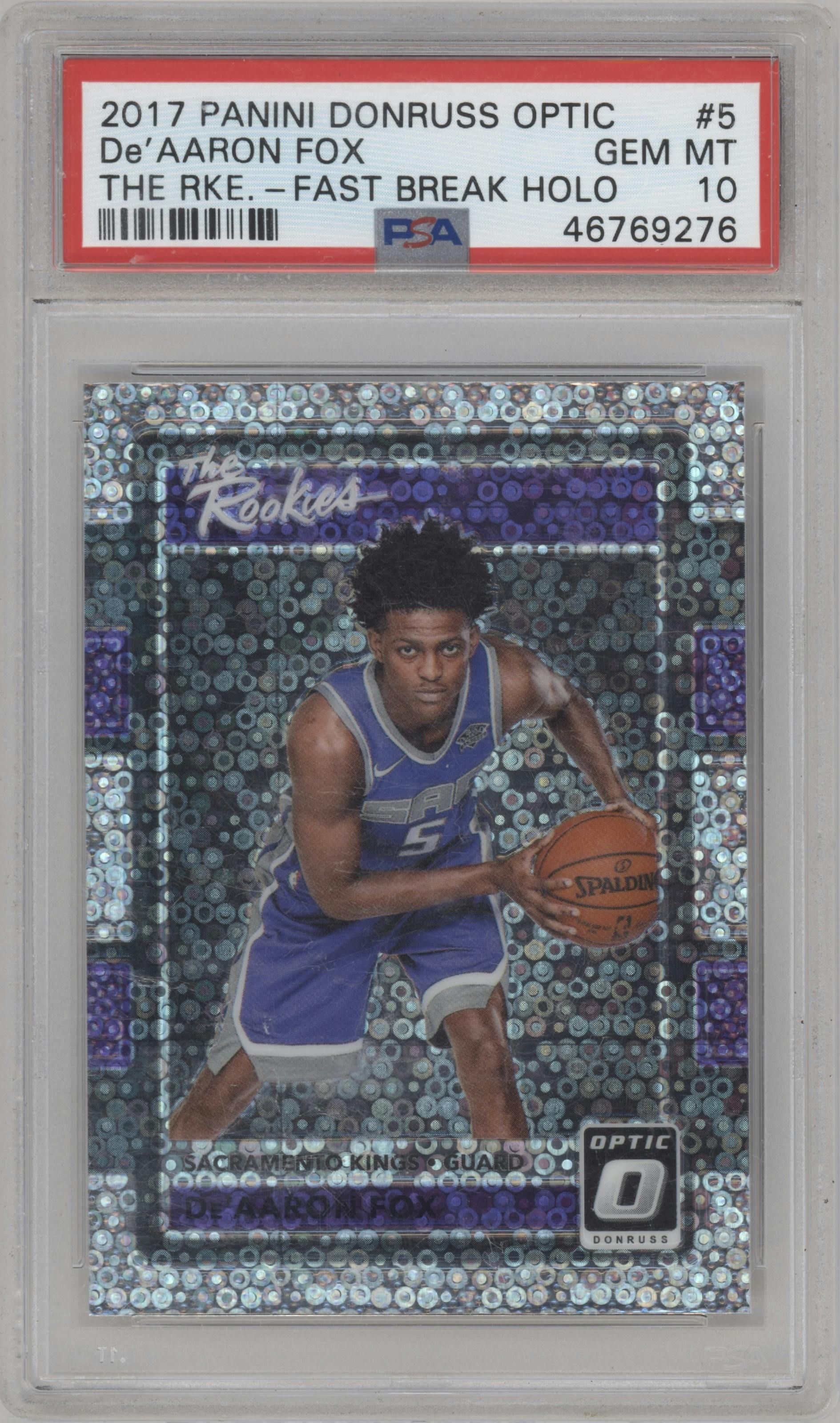 De'Aaron Fox from the 2017-18 Panini Donruss Optic set featuring a Fast Break Holo parallel graded by PSA and given an overall grade of 10.