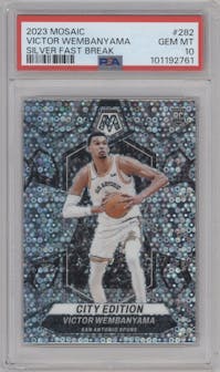 Victor Wembanyama from the 2023-24 Panini Mosaic set featuring a Fast Break Silver parallel graded by PSA and given an overall grade of 10.