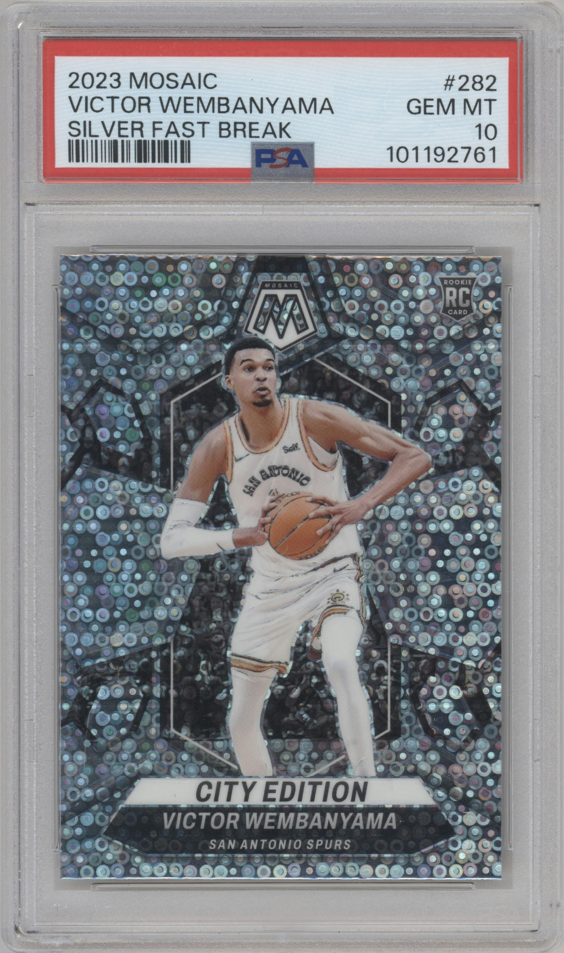 Victor Wembanyama from the 2023-24 Panini Mosaic set featuring a Fast Break Silver parallel graded by PSA and given an overall grade of 10.