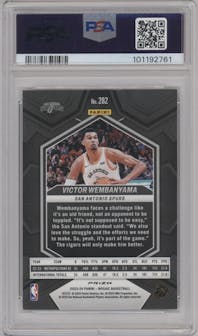 Victor Wembanyama from the 2023-24 Panini Mosaic set featuring a Fast Break Silver parallel graded by PSA and given an overall grade of 10.