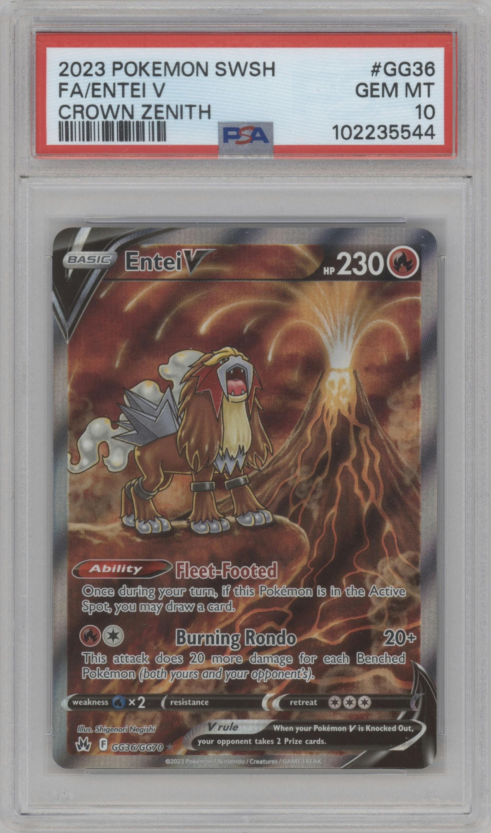Entei V from the 2023 Pokemon SWSH set graded by PSA and given an overall grade of 10.