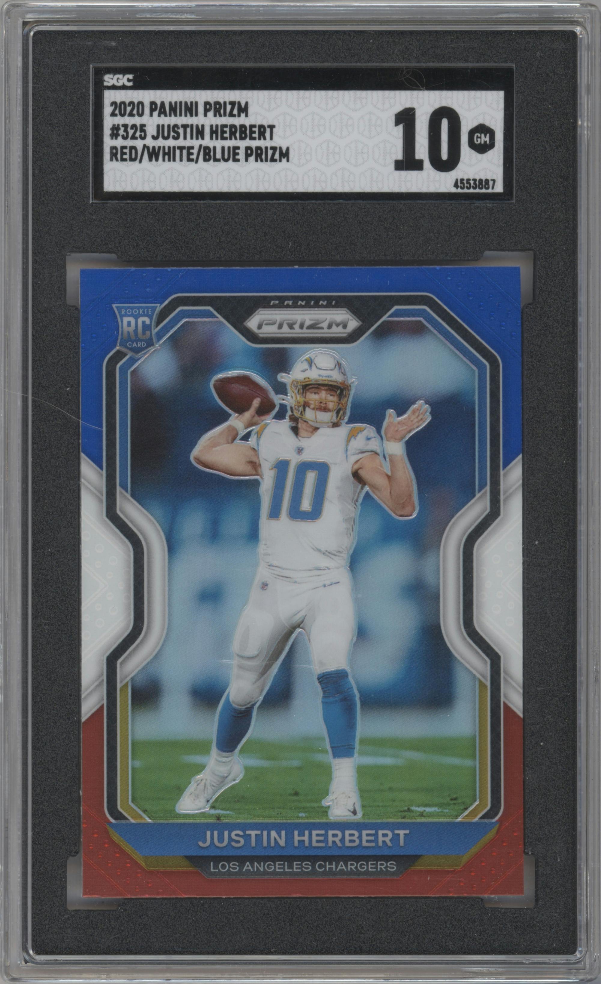 Justin Herbert from the 2020 Panini Prizm set featuring a Red/White/Blue Prizm parallel graded by SGC and given an overall grade of 10.