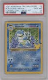 Blastoise from the 2021 Pokemon SWSH set featuring a Base Set parallel graded by PSA and given an overall grade of 10.