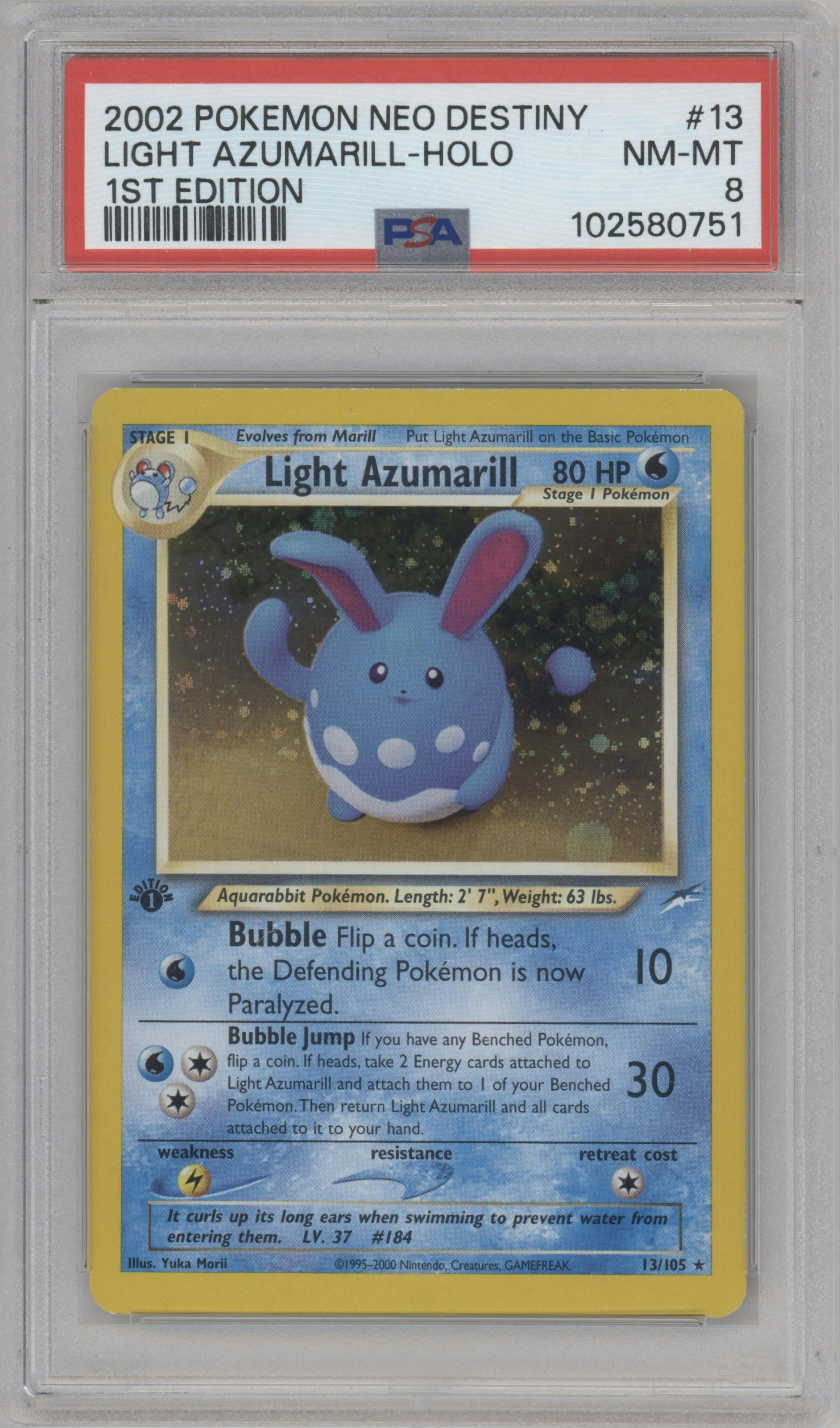 Light Azumarill from the 2002 Pokemon Neo Genesis set graded by PSA and given an overall grade of 8.