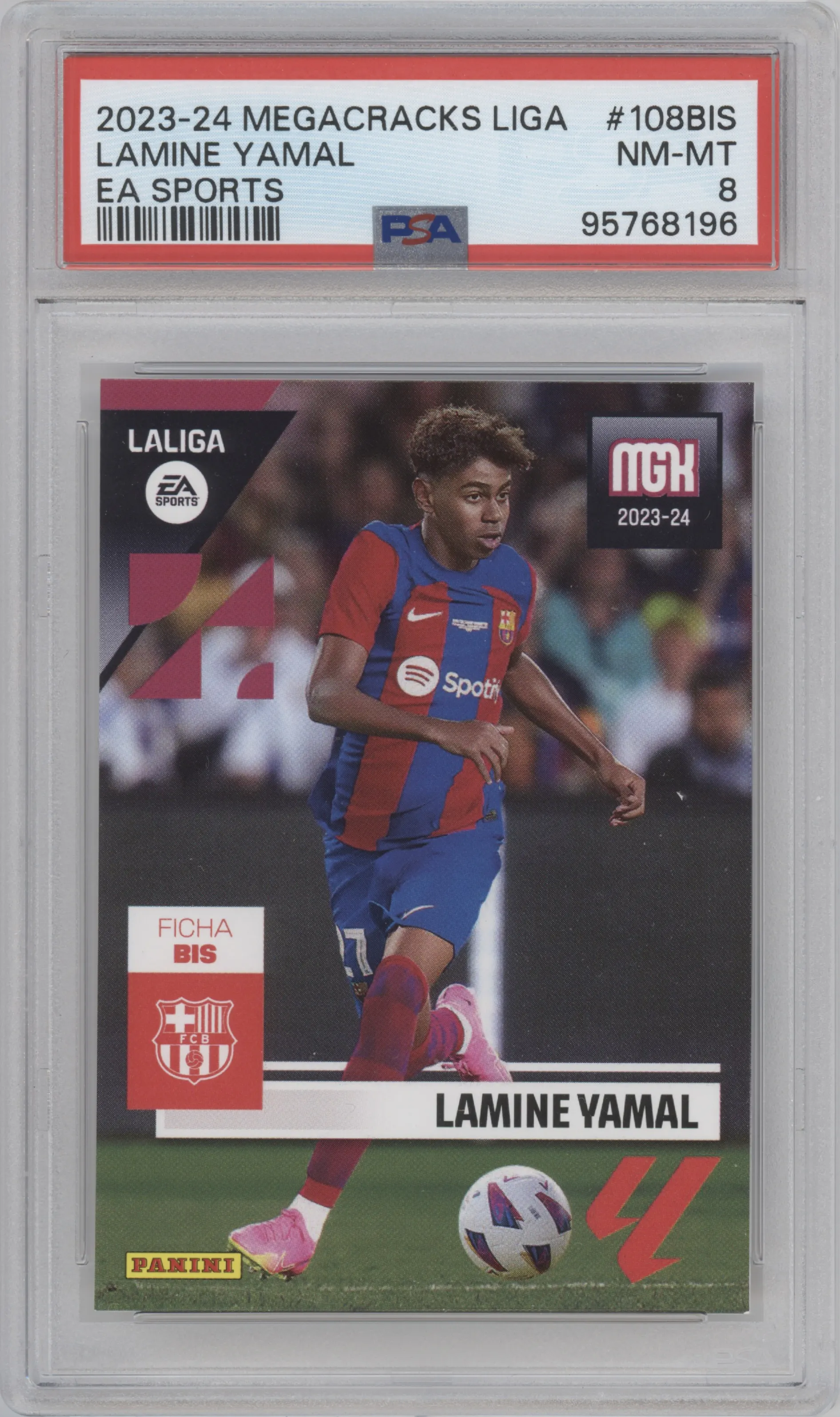 Lamine Yamal from the 2023-24 Panini Megacracks LaLiga EA Sports set graded by PSA and given an overall grade of 8.