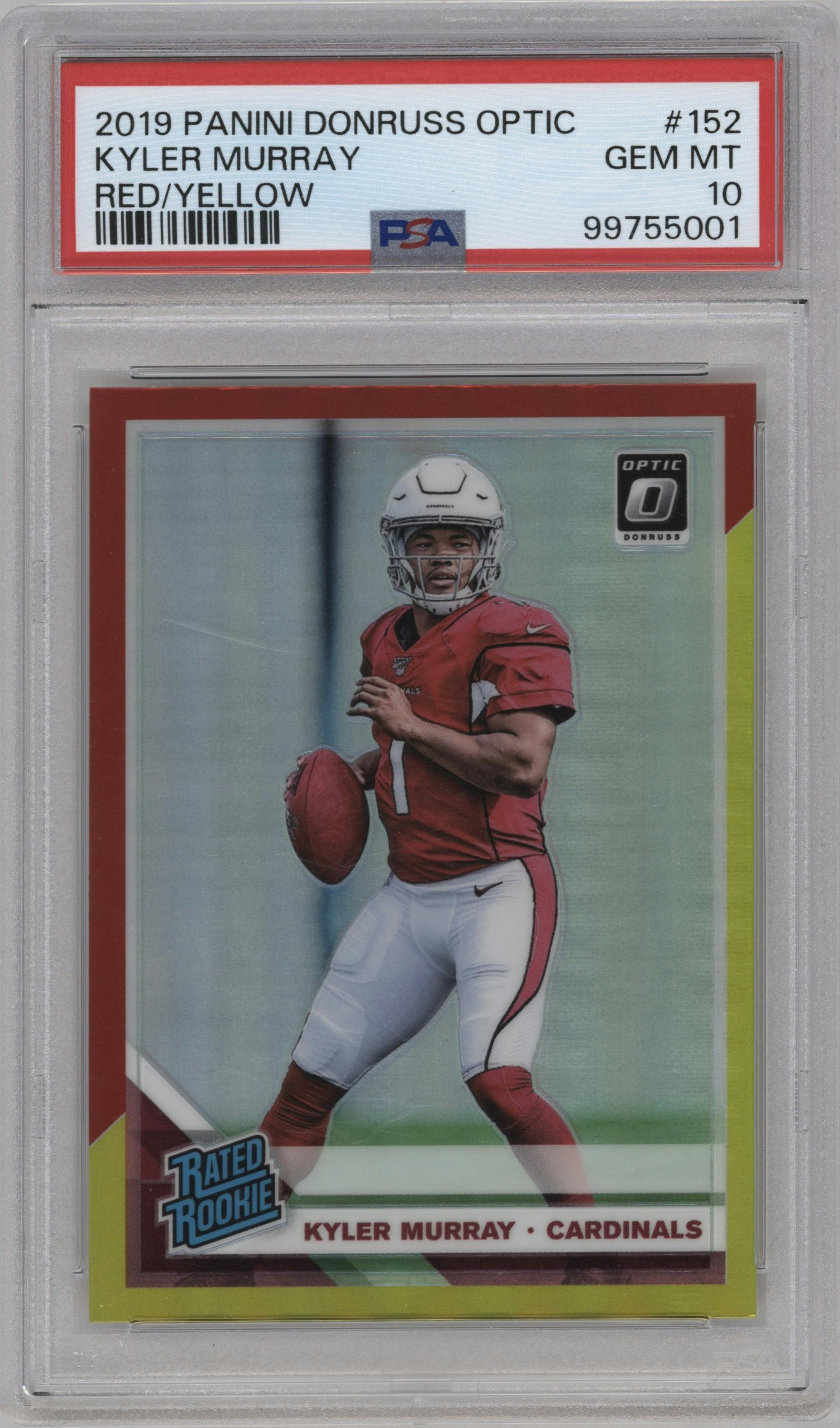 Kyler Murray from the 2019 Panini Donruss Optic set featuring a Red/Yellow parallel graded by PSA and given an overall grade of 10.