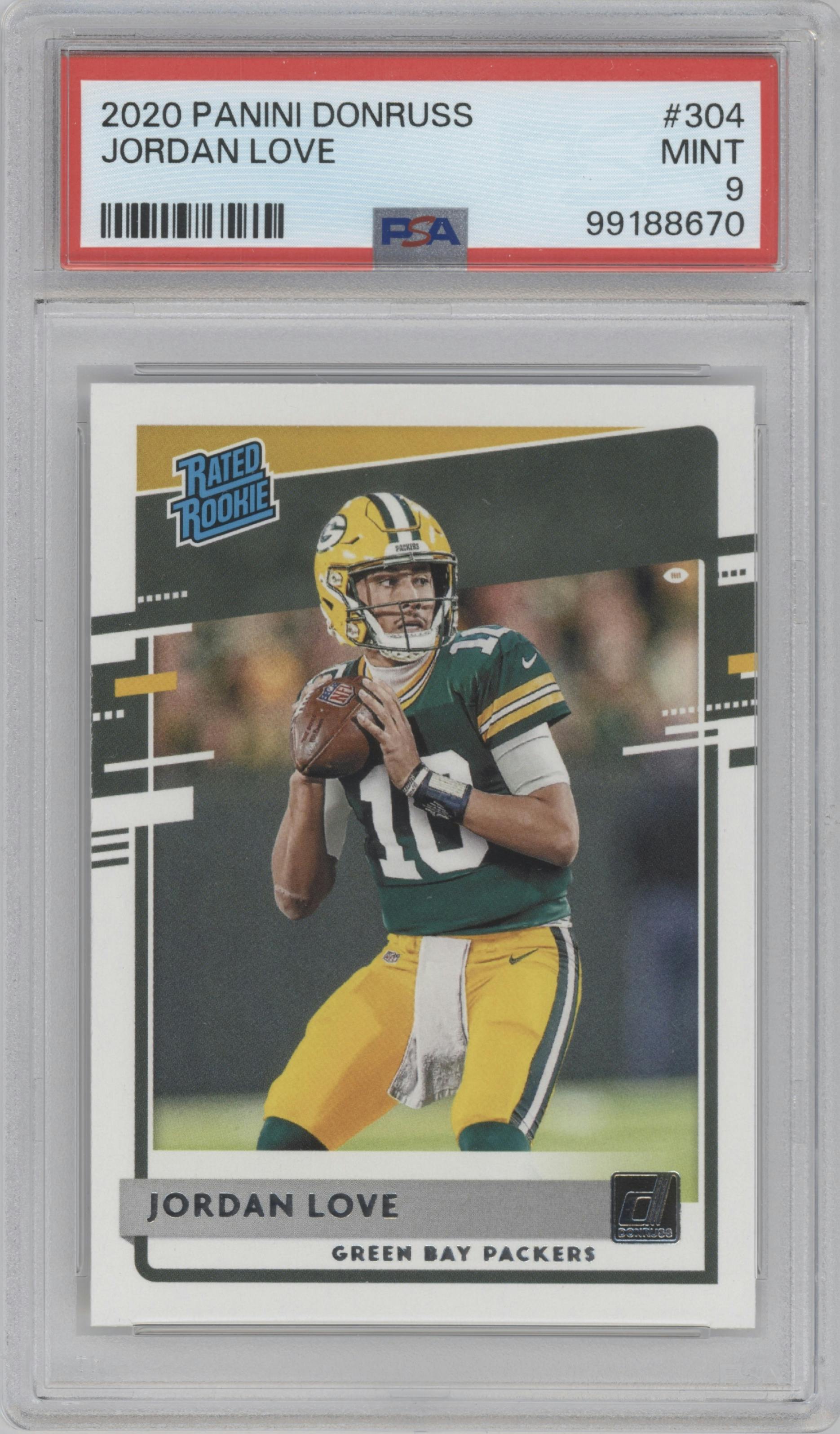 Jordan Love from the 2020 Panini Donruss set graded by PSA and given an overall grade of 9.
