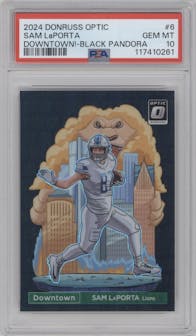 Sam LaPorta from the 2024 Donruss Optic set featuring a Black Pandora parallel graded by PSA and given an overall grade of 10.