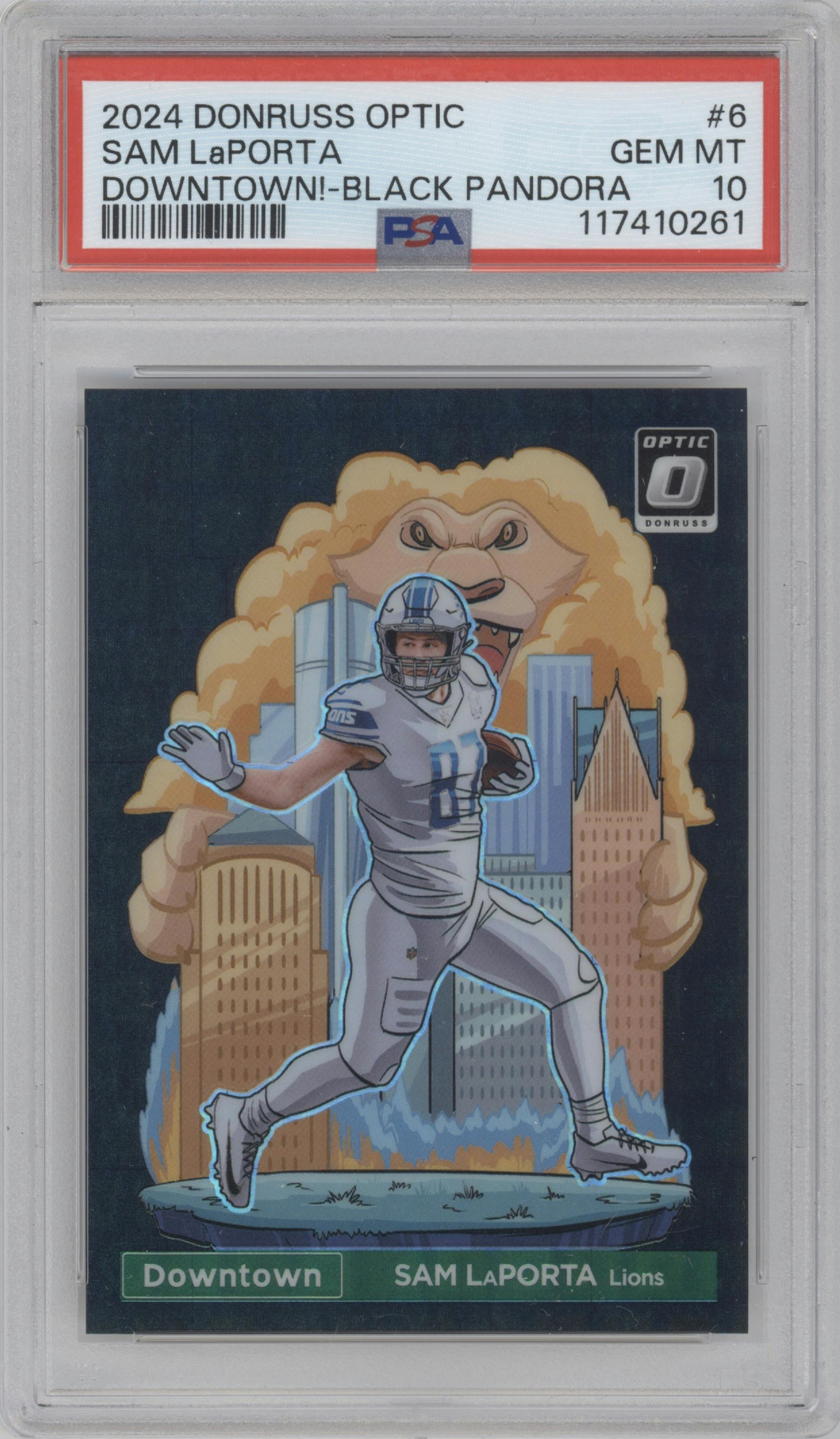 Sam LaPorta from the 2024 Donruss Optic set featuring a Black Pandora parallel graded by PSA and given an overall grade of 10.