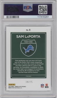Sam LaPorta from the 2024 Donruss Optic set featuring a Black Pandora parallel graded by PSA and given an overall grade of 10.