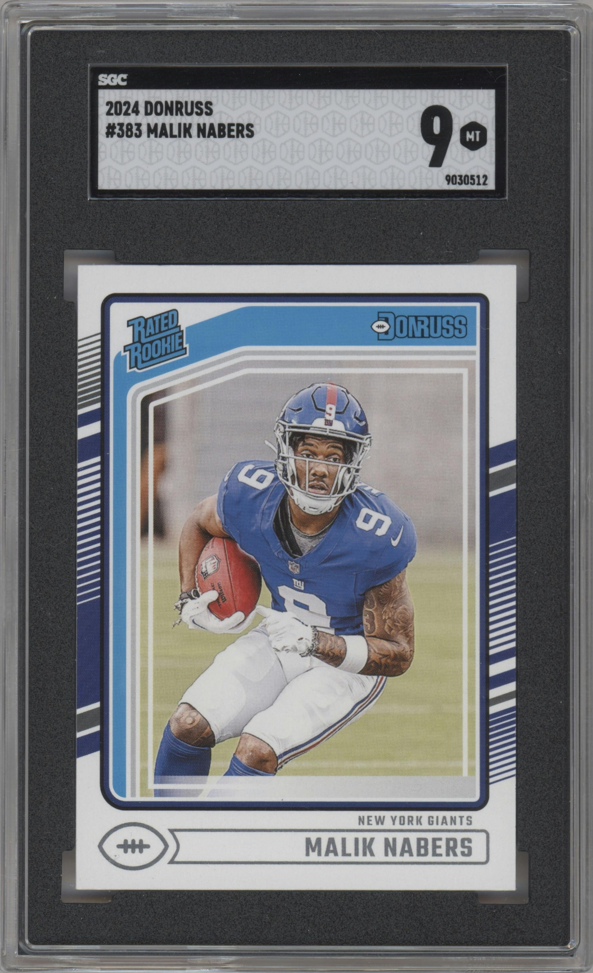 Malik Nabers from the 2024 Donruss set graded by SGC and given an overall grade of 9.