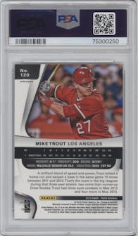 Mike Trout from the 2015 Panini Prizm set featuring a Red/White/Blue Mojo parallel graded by PSA and given an overall grade of 9.