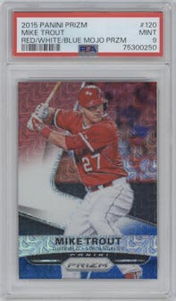 Mike Trout from the 2015 Panini Prizm set featuring a Red/White/Blue Mojo parallel graded by PSA and given an overall grade of 9.