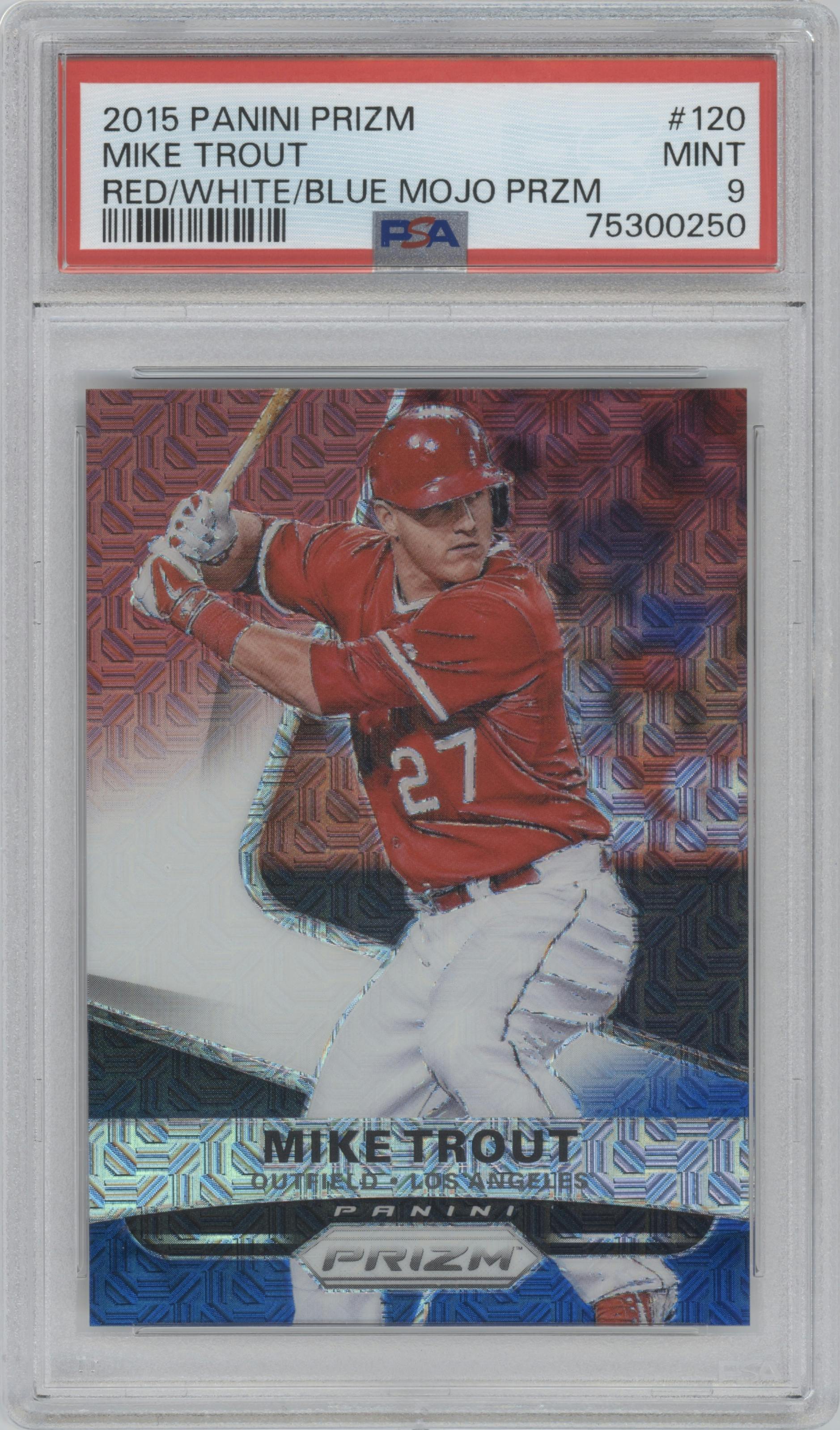 Mike Trout from the 2015 Panini Prizm set featuring a Red/White/Blue Mojo parallel graded by PSA and given an overall grade of 9.