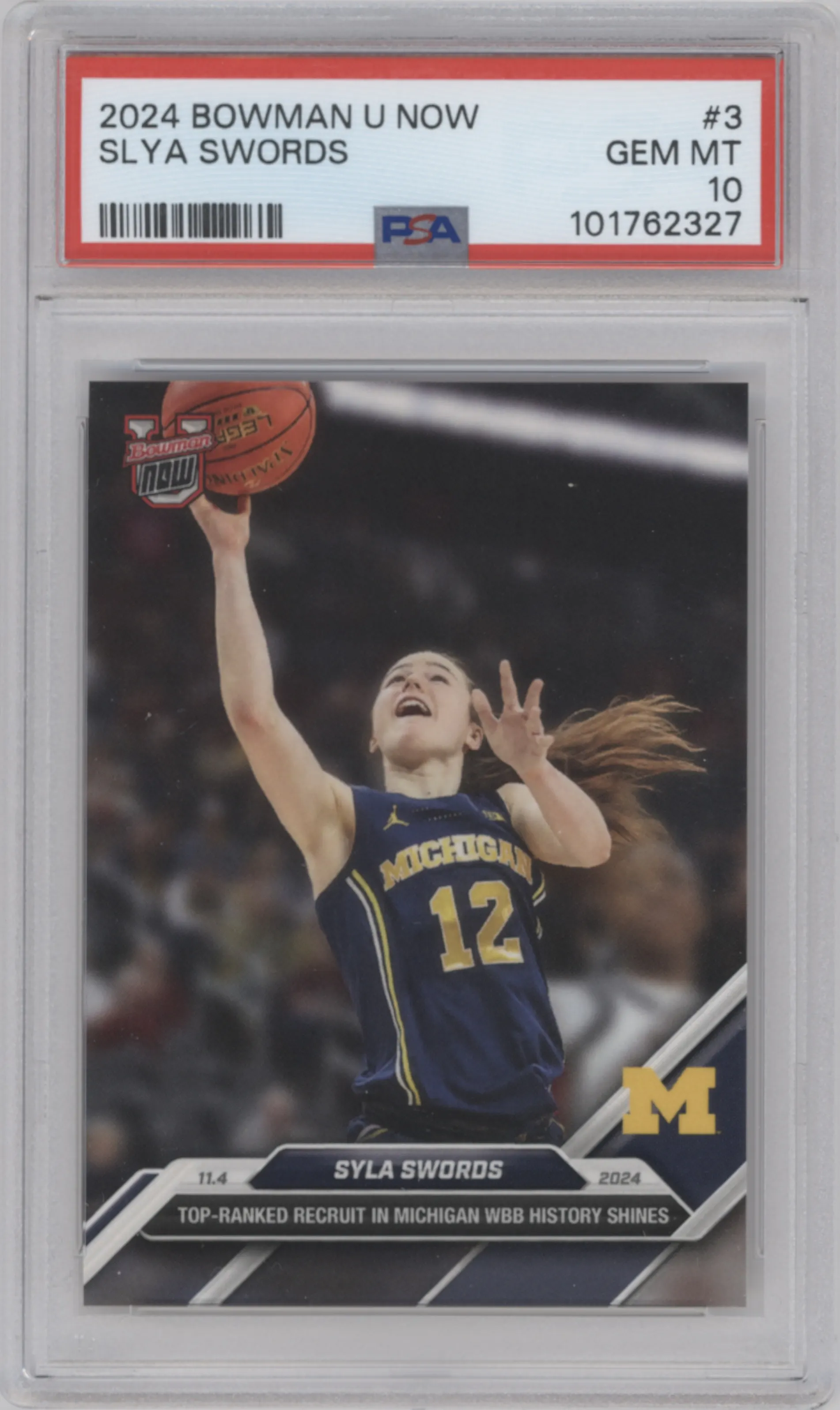 Syla Swords from the 2024-25 Bowman U Now set graded by PSA and given an overall grade of 10.