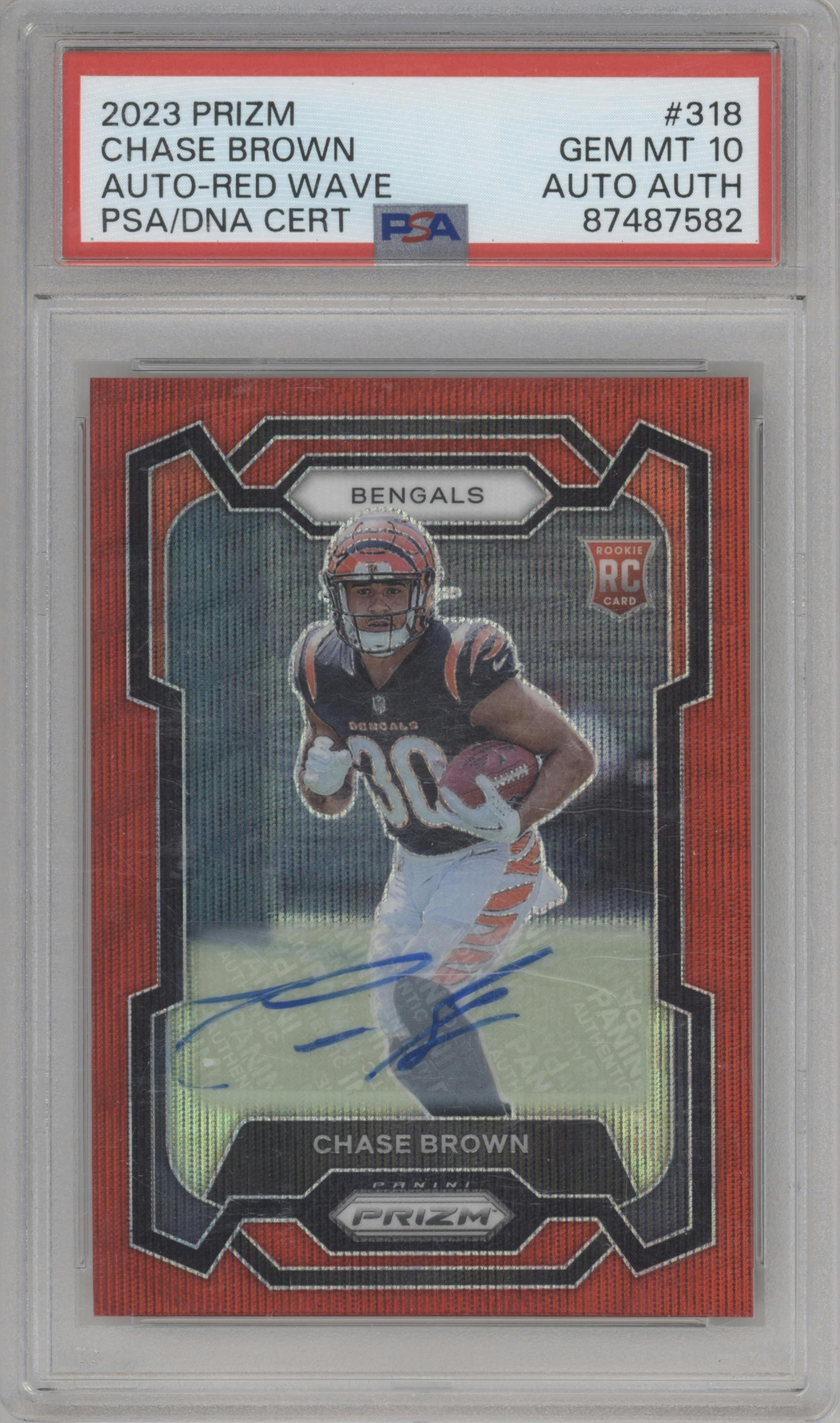 Chase Brown from the 2023 Panini Prizm set featuring a Red Wave parallel graded by PSA and given an overall grade of 10.