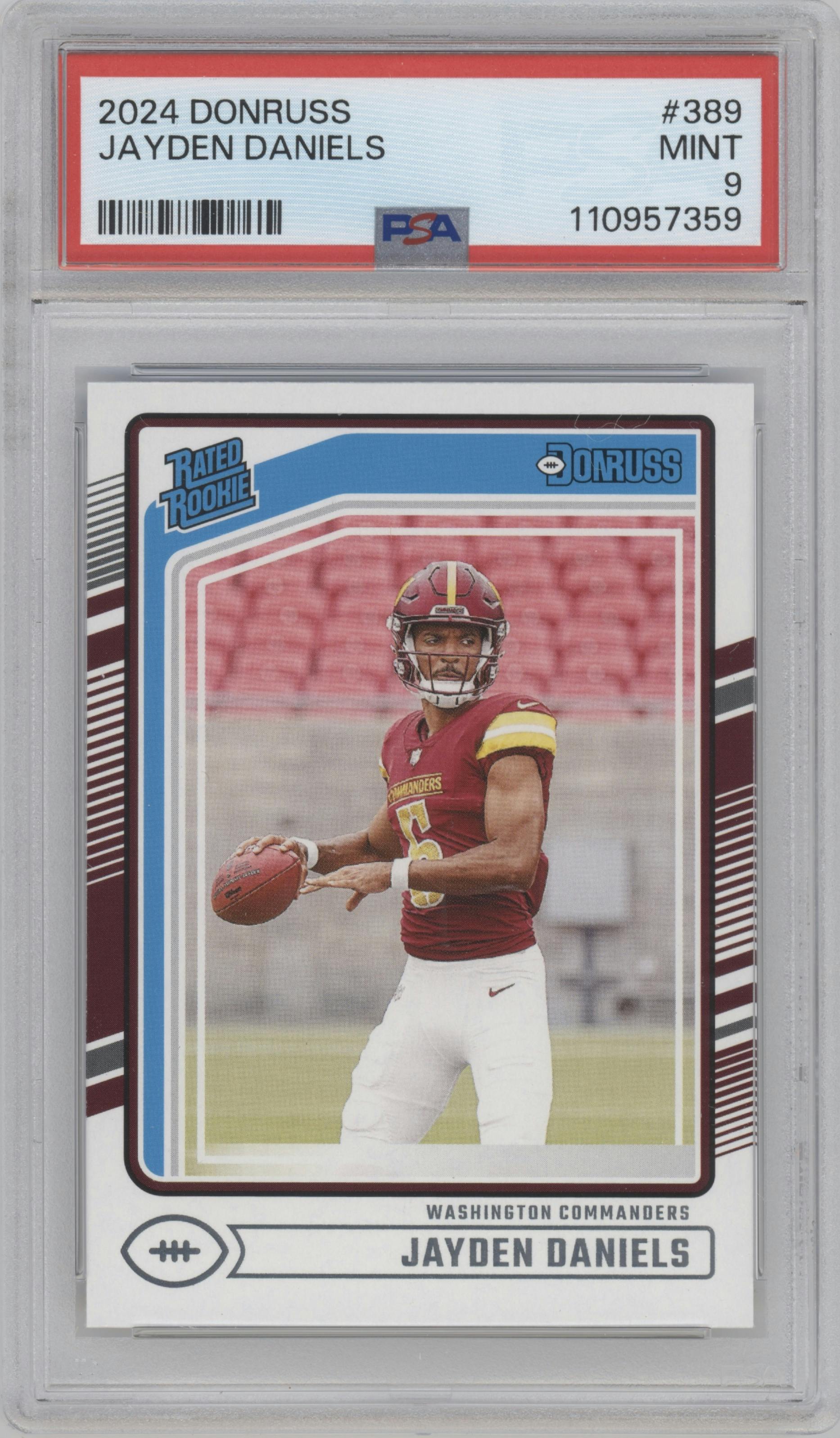 Jayden Daniels from the 2024 Donruss set graded by PSA and given an overall grade of 9.
