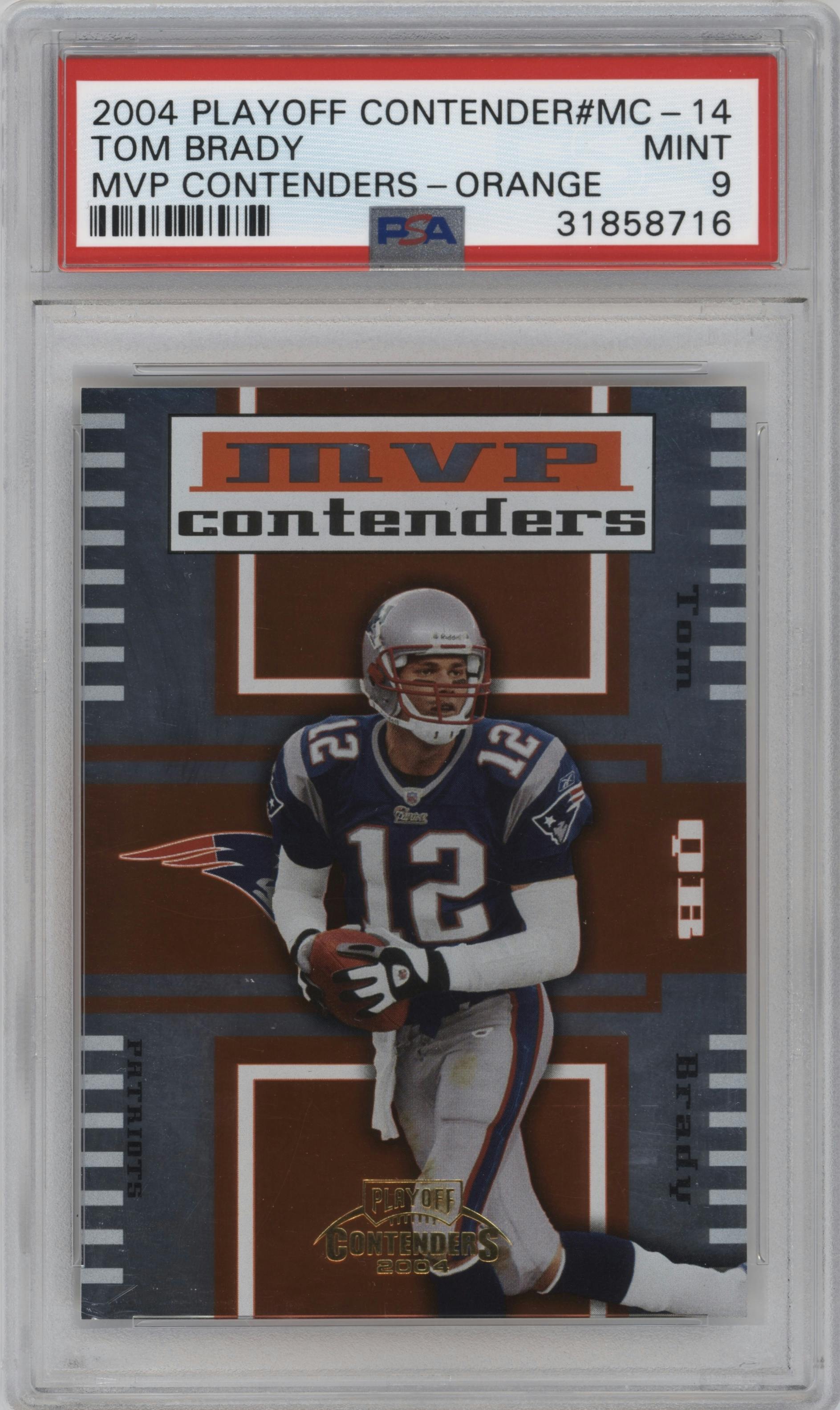 Tom Brady from the 2004 Playoff Contenders set featuring a Orange parallel graded by PSA and given an overall grade of 9.