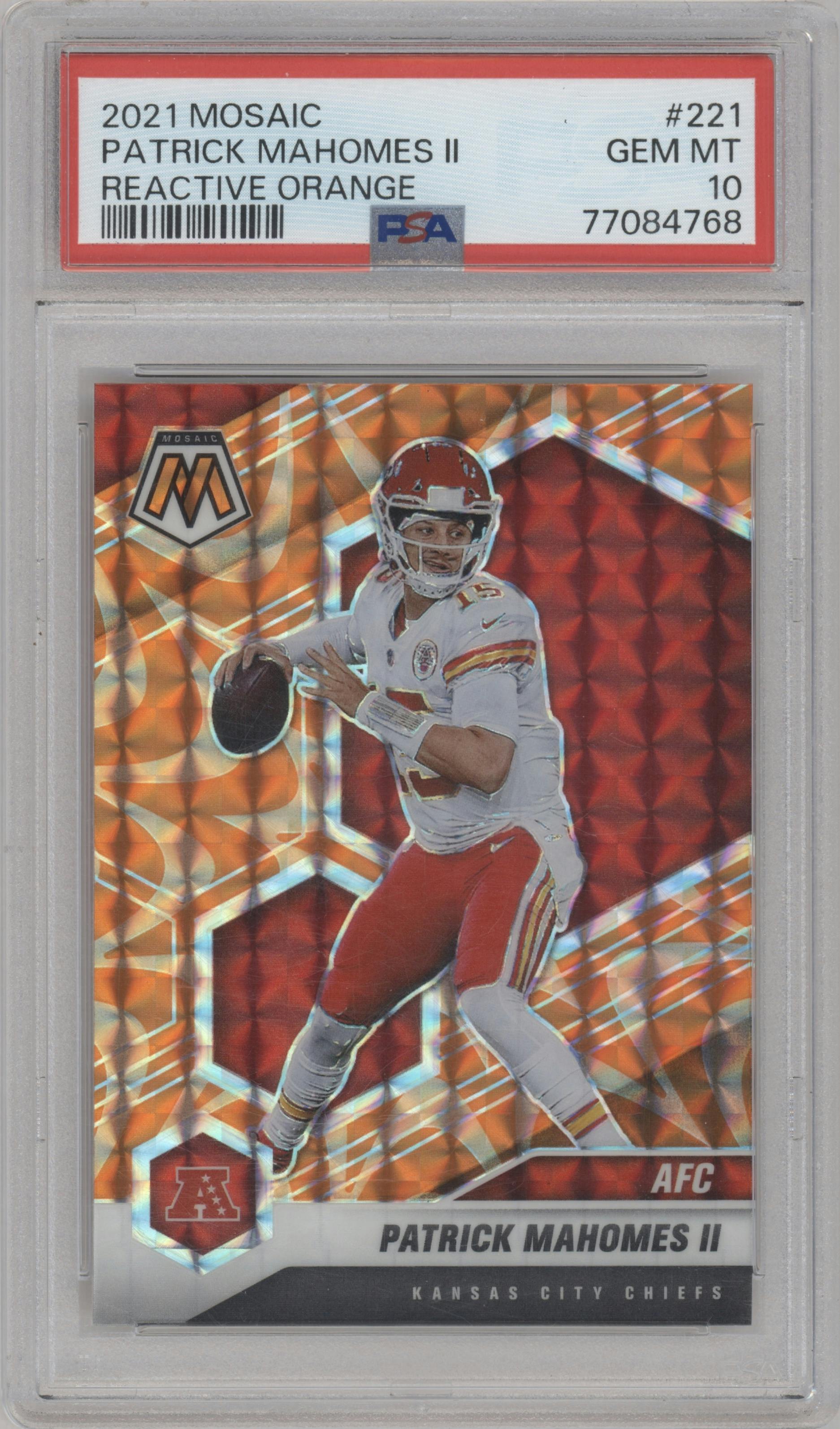 Patrick Mahomes II from the 2021 Panini Mosaic set featuring a Reactive Orange parallel graded by PSA and given an overall grade of 10.