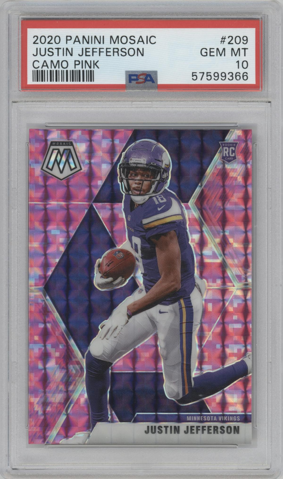 Justin Jefferson from the 2020 Panini Mosaic set featuring a Pink Camo parallel graded by PSA and given an overall grade of 10.