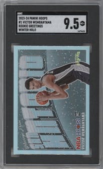 Victor Wembanyama from the 2023-24 Panini NBA Hoops set featuring a Winter Holo parallel graded by SGC and given an overall grade of 9.5.