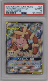 Mega Lopunny & Jigglypuff GX from the 2019 Pokemon S&M set graded by PSA and given an overall grade of 10.