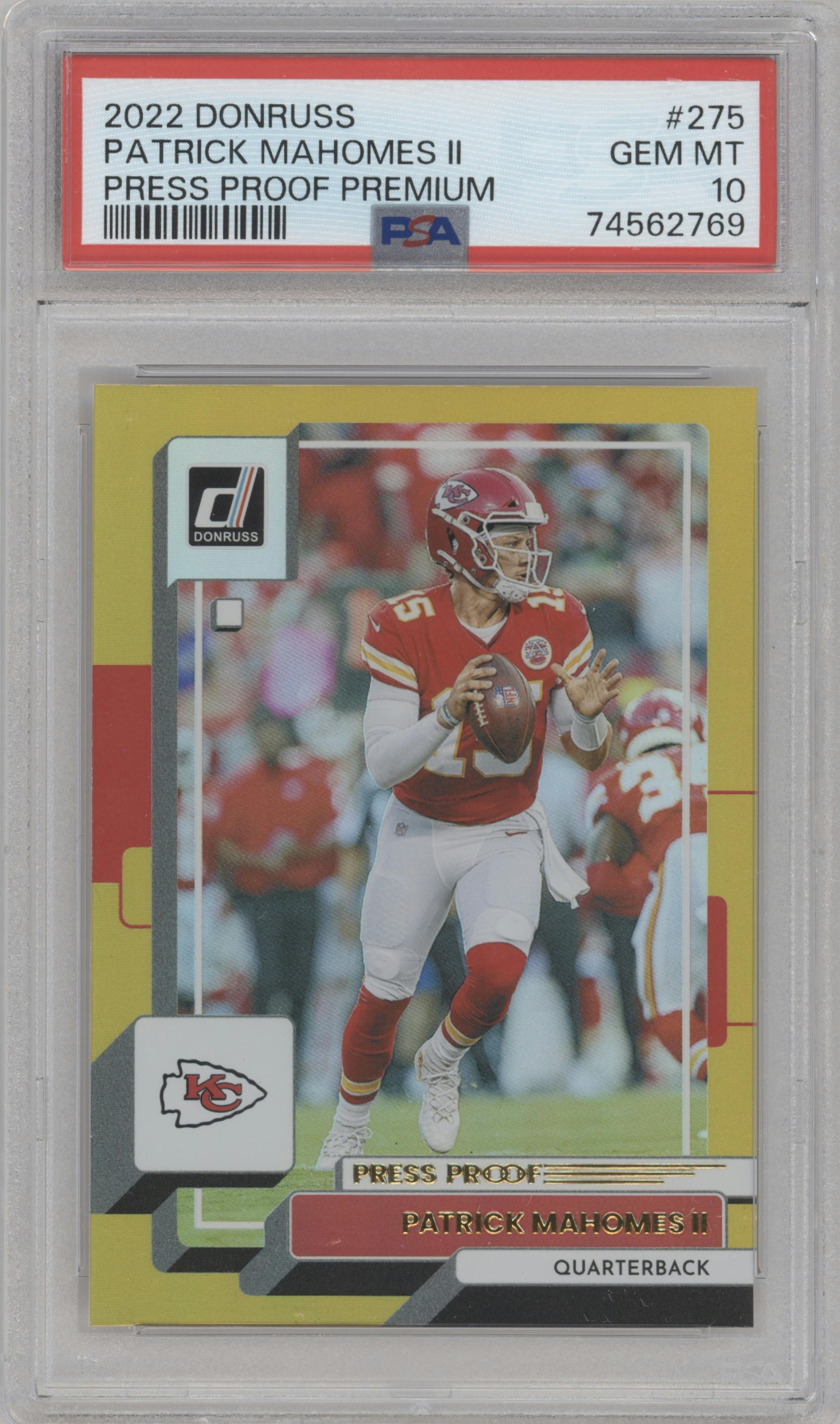 Patrick Mahomes II from the 2022 Panini Donruss set featuring a Press Proof Premium parallel graded by PSA and given an overall grade of 10.