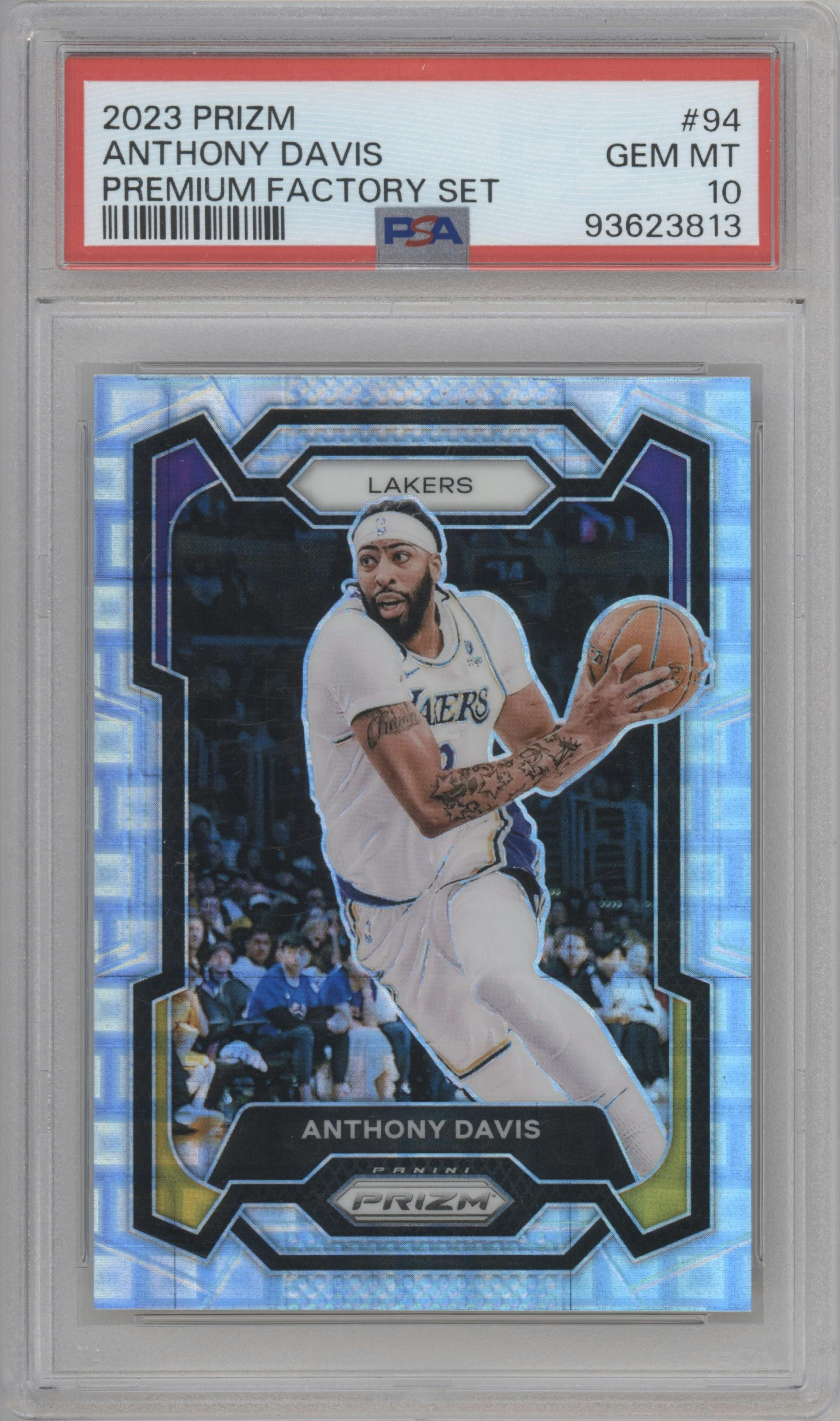 Anthony Davis from the 2023-24 Panini Prizm set featuring a Premium Factory Set parallel graded by PSA and given an overall grade of 10.