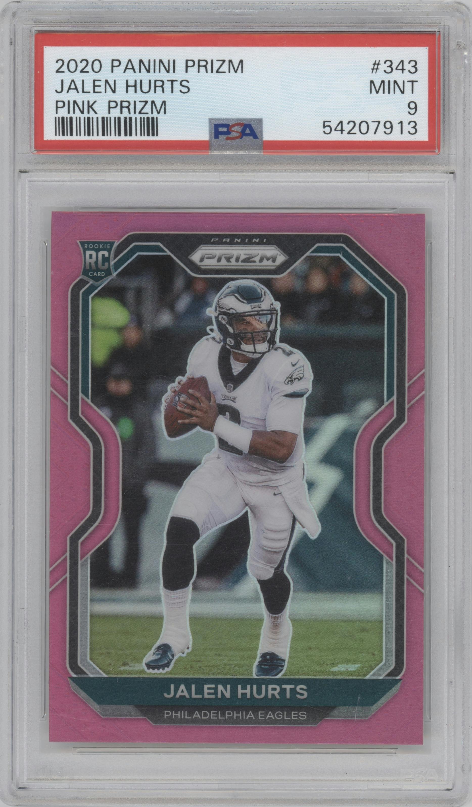 Jalen Hurts from the 2020 Panini Prizm set featuring a Pink Prizm parallel graded by PSA and given an overall grade of 9.