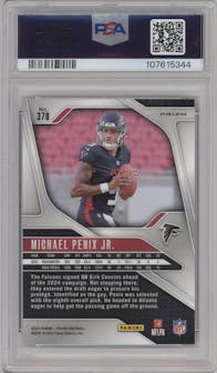 Michael Penix Jr. from the 2024 Panini Prizm set featuring a Green Prizm parallel graded by PSA and given an overall grade of 10.