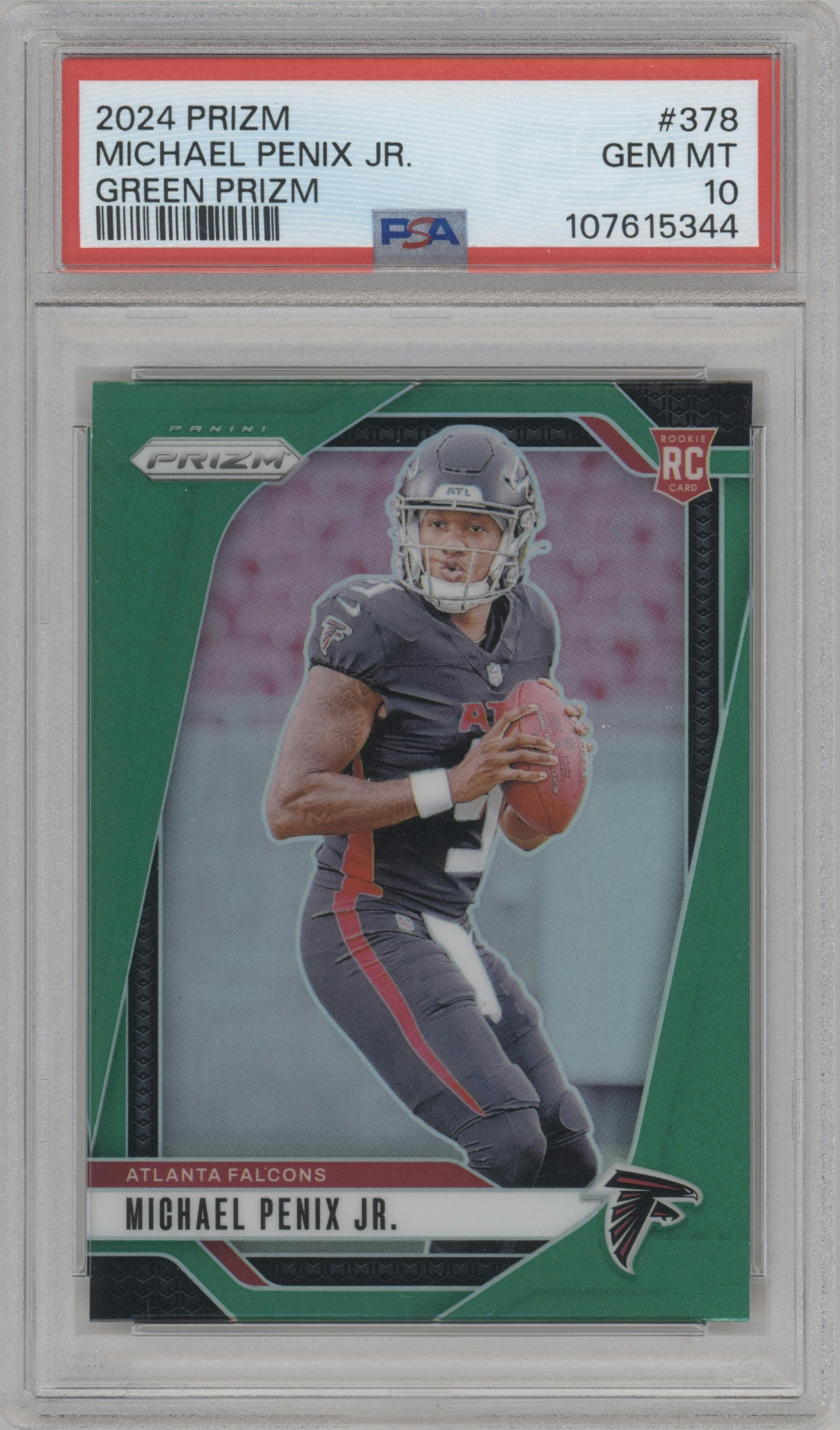 Michael Penix Jr. from the 2024 Panini Prizm set featuring a Green Prizm parallel graded by PSA and given an overall grade of 10.