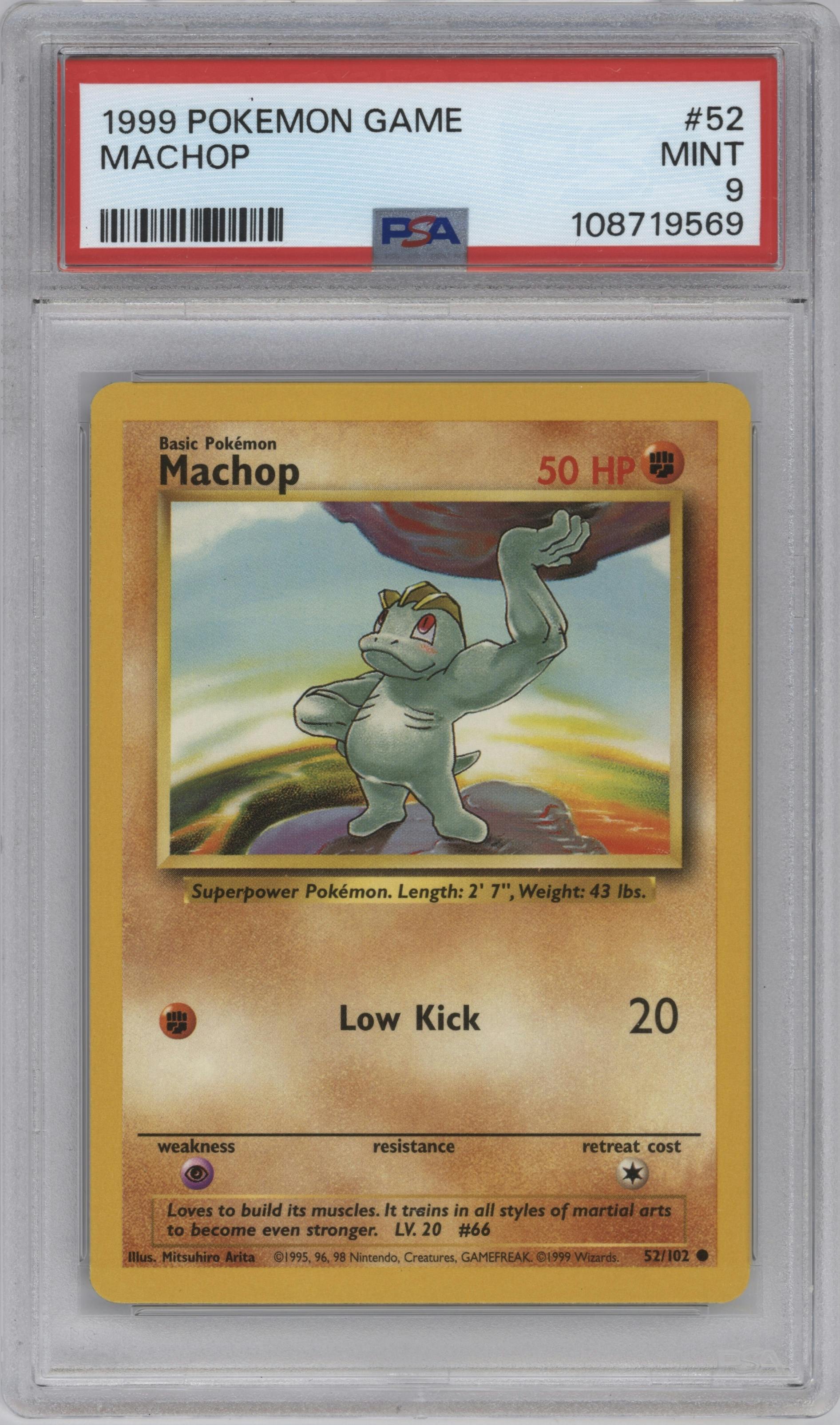 Machop from the 1999 Pokemon set graded by PSA and given an overall grade of 9.