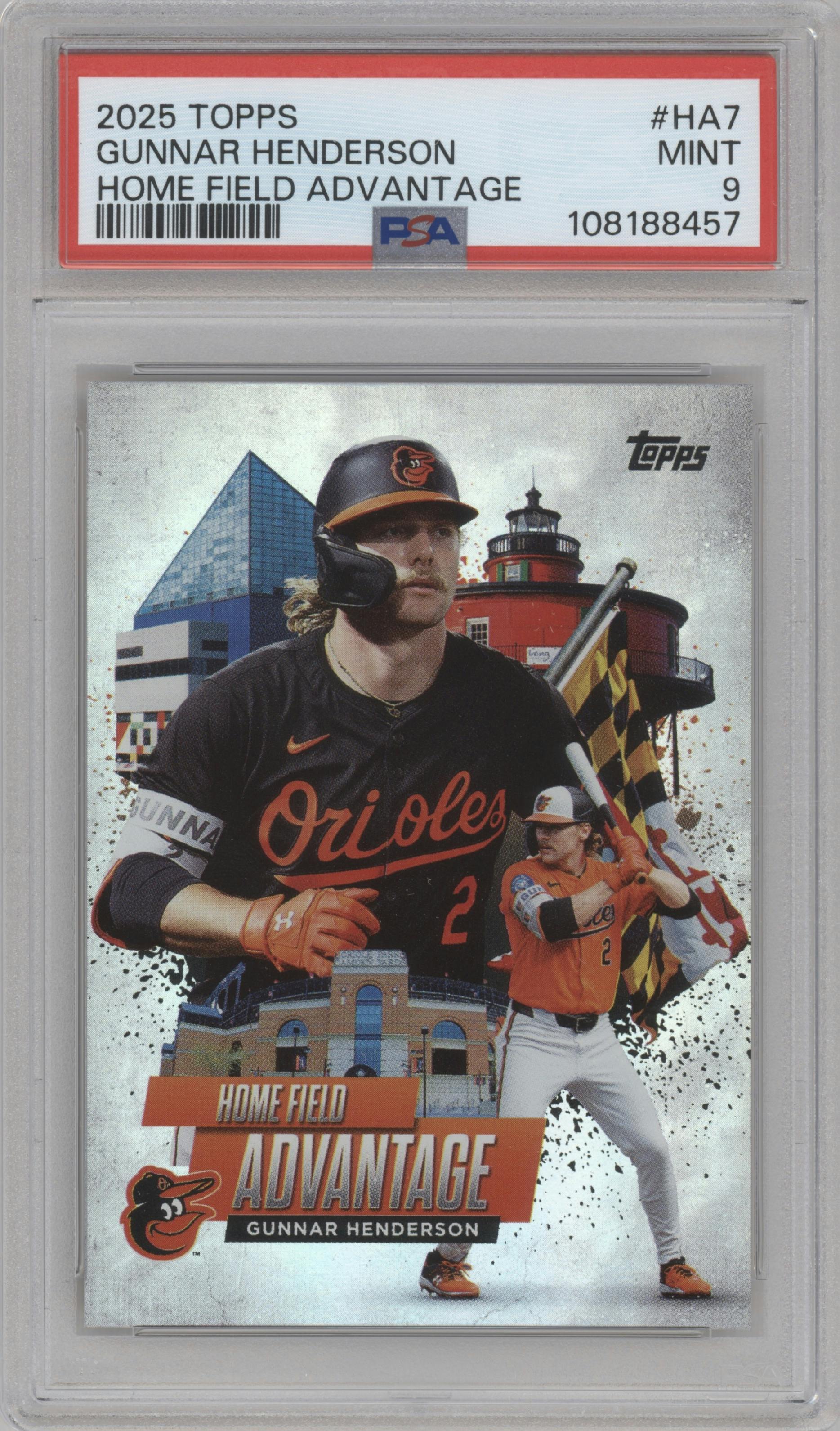 Gunnar Henderson  from the 2025 Topps set graded by PSA and given an overall grade of 9.