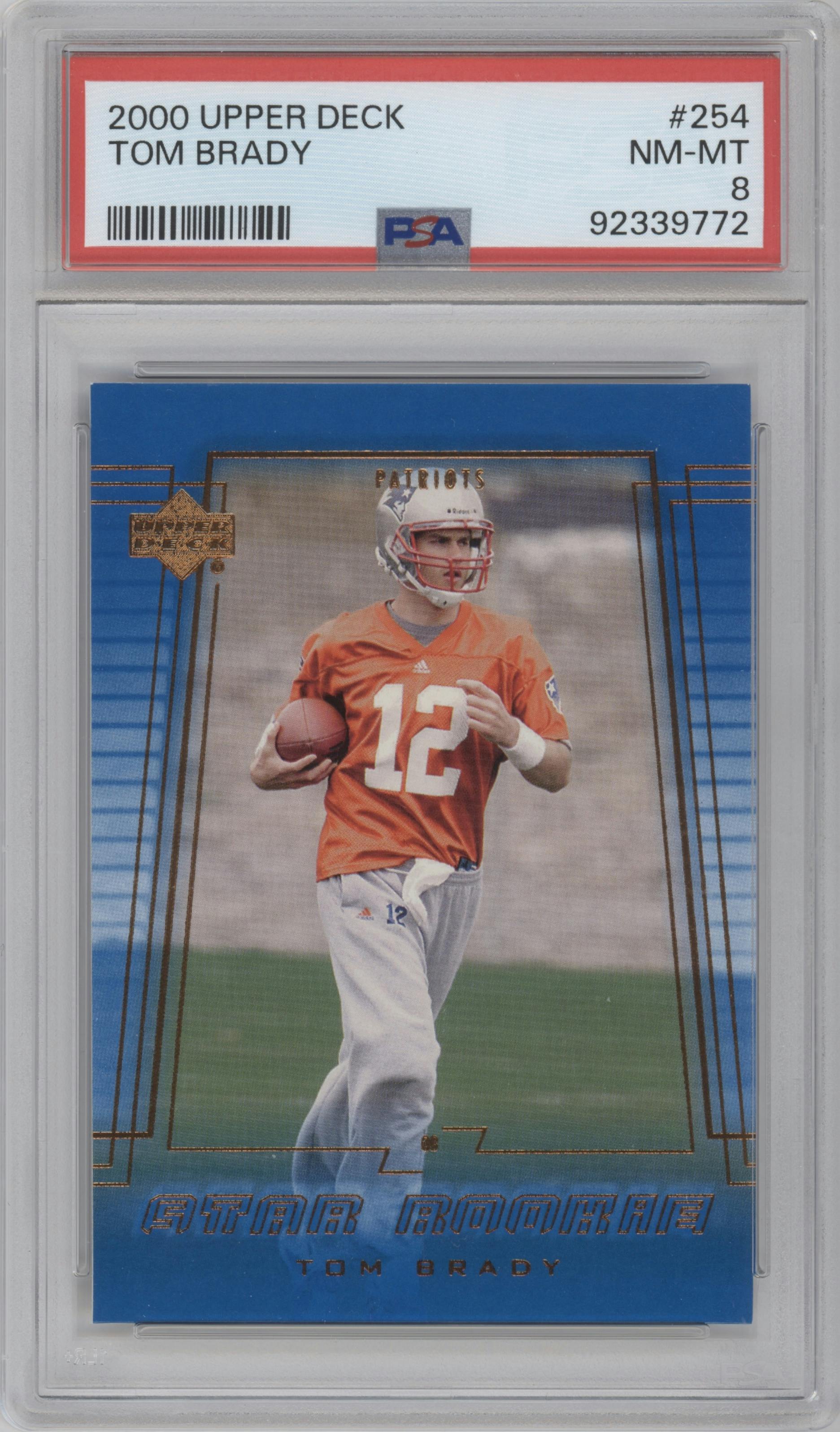 Tom Brady from the 2000 Upper Deck set graded by PSA and given an overall grade of 8.