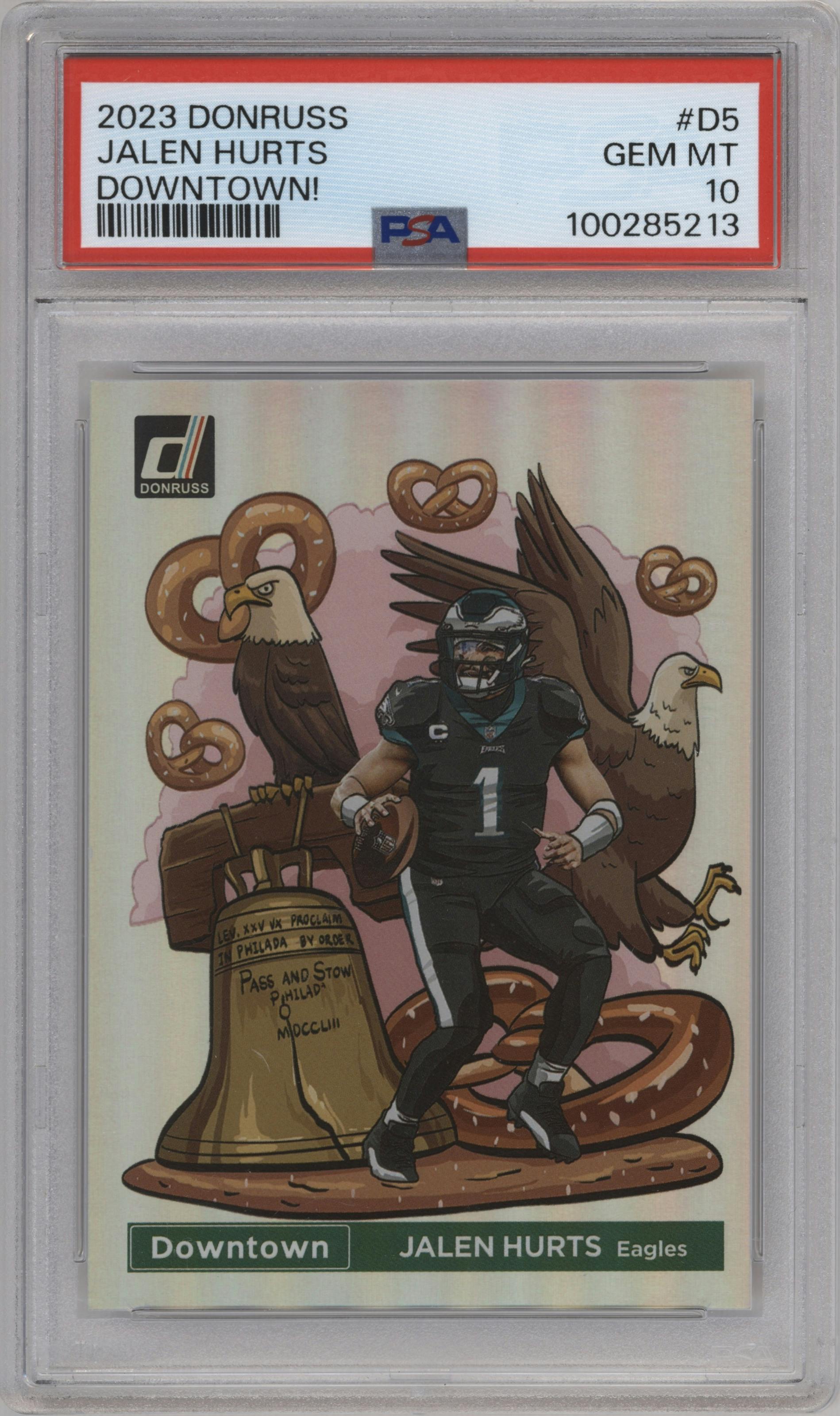 Jalen Hurts from the 2023 Panini Donruss set graded by PSA and given an overall grade of 10.