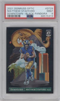 Matthew Stafford from the 2021 Panini Donruss Optic set featuring a Black Pandora parallel graded by PSA and given an overall grade of 9.
