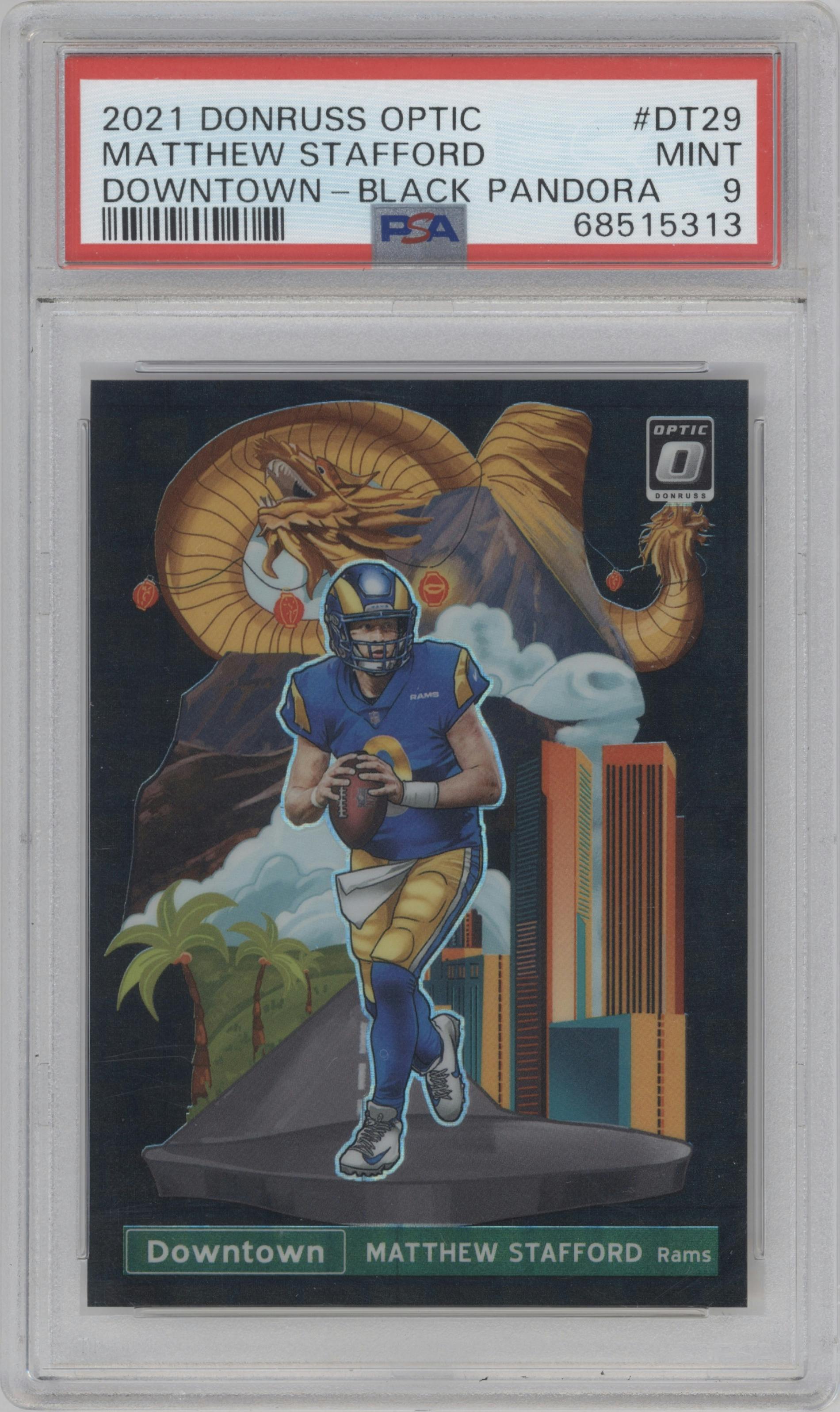 Matthew Stafford from the 2021 Panini Donruss Optic set featuring a Black Pandora parallel graded by PSA and given an overall grade of 9.