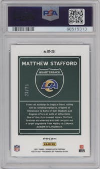 Matthew Stafford from the 2021 Panini Donruss Optic set featuring a Black Pandora parallel graded by PSA and given an overall grade of 9.