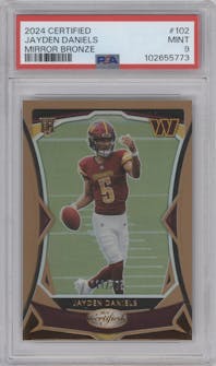 Jayden Daniels from the 2024 Panini Certified set featuring a Bronze Mirror parallel graded by PSA and given an overall grade of 9.