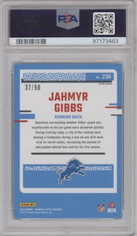 Jahmyr Gibbs from the 2023 Donruss Optic set featuring a Purple  parallel graded by PSA and given an overall grade of 10.