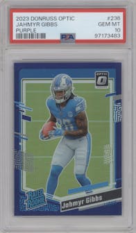 Jahmyr Gibbs from the 2023 Donruss Optic set featuring a Purple  parallel graded by PSA and given an overall grade of 10.