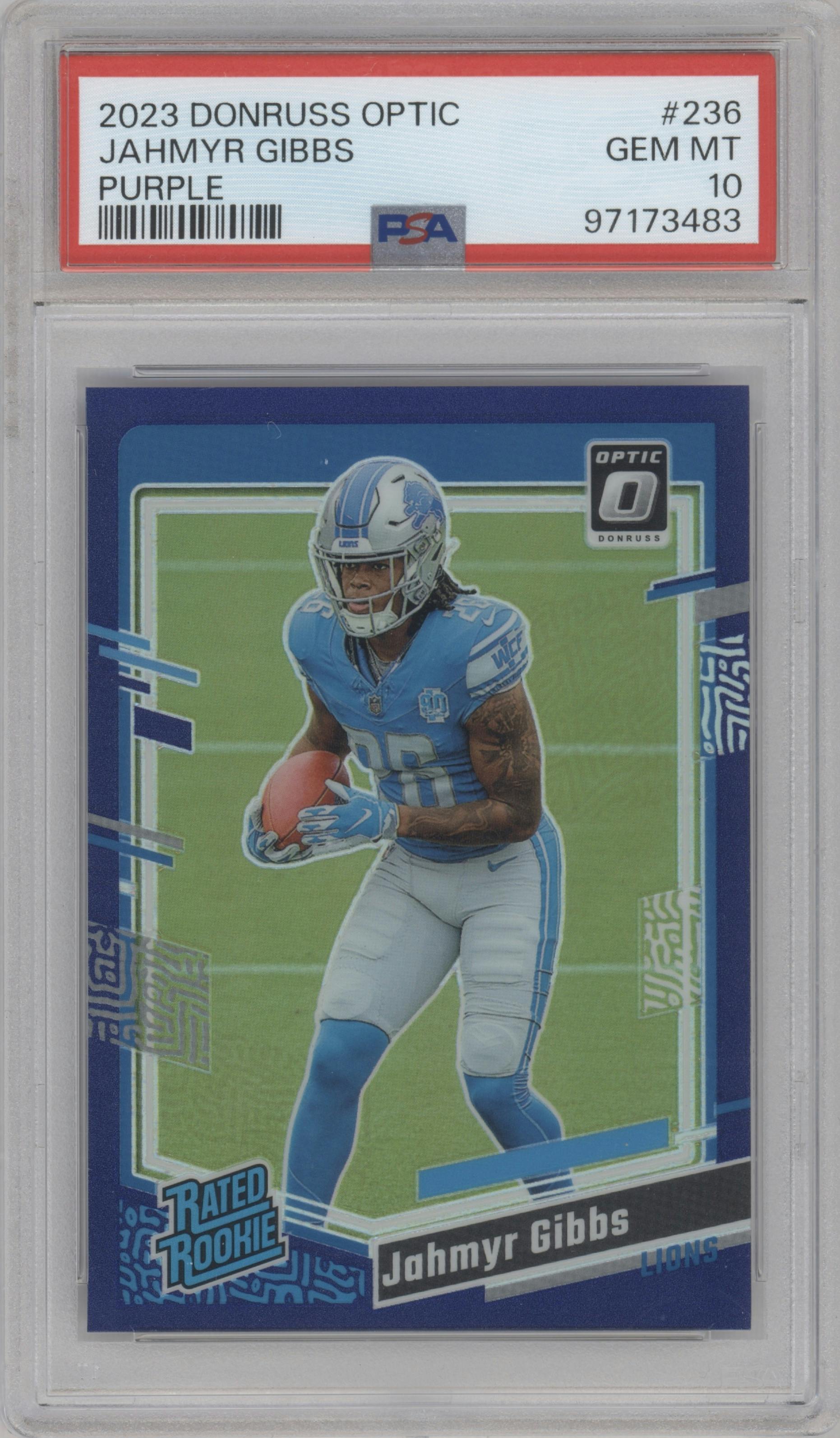 Jahmyr Gibbs from the 2023 Donruss Optic set featuring a Purple  parallel graded by PSA and given an overall grade of 10.