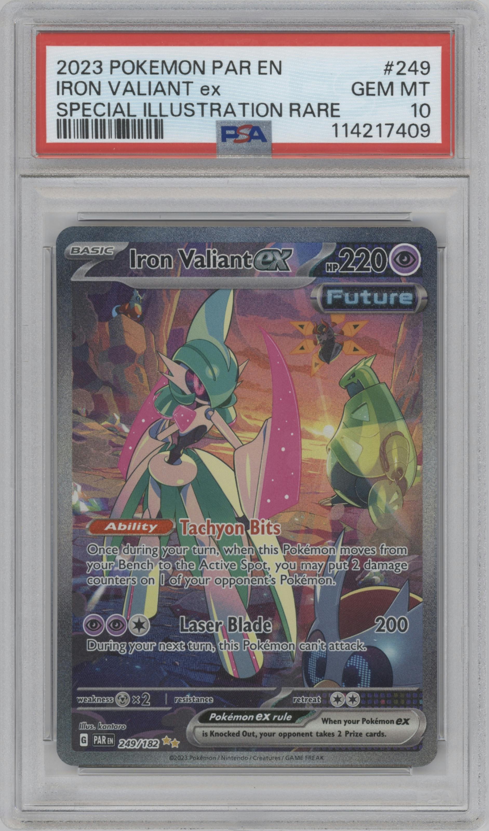 Iron Valiant ex from the 2023 Pokemon SV set graded by PSA and given an overall grade of 10.