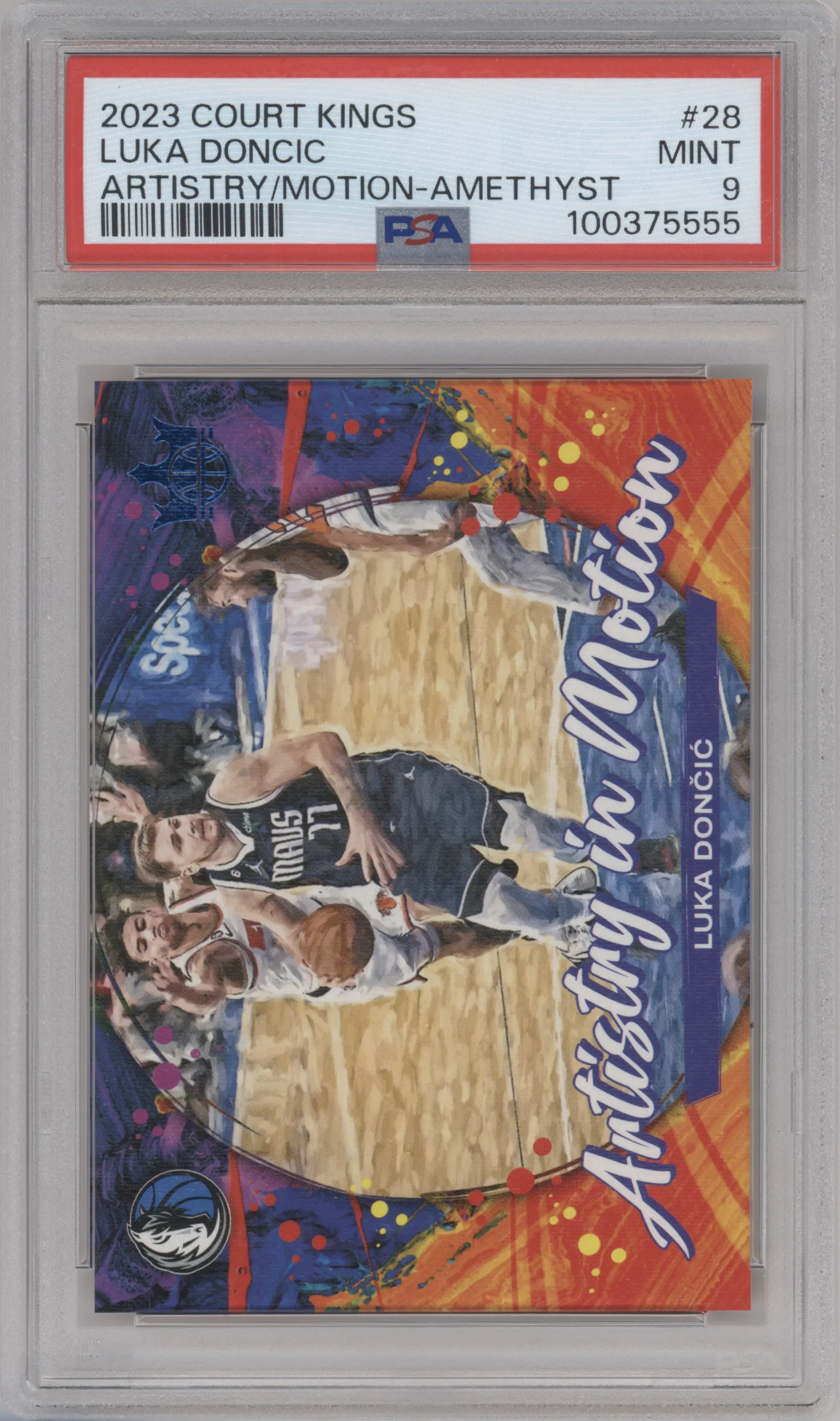 Luka Doncic  from the 2023-24 Panini Court Kings set featuring a Amethyst parallel graded by PSA and given an overall grade of 9.