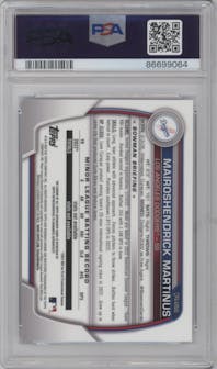 Mairoshendrick Martinus from the 2023 Bowman  set featuring a Blue Refractor parallel graded by PSA and given an overall grade of 10.