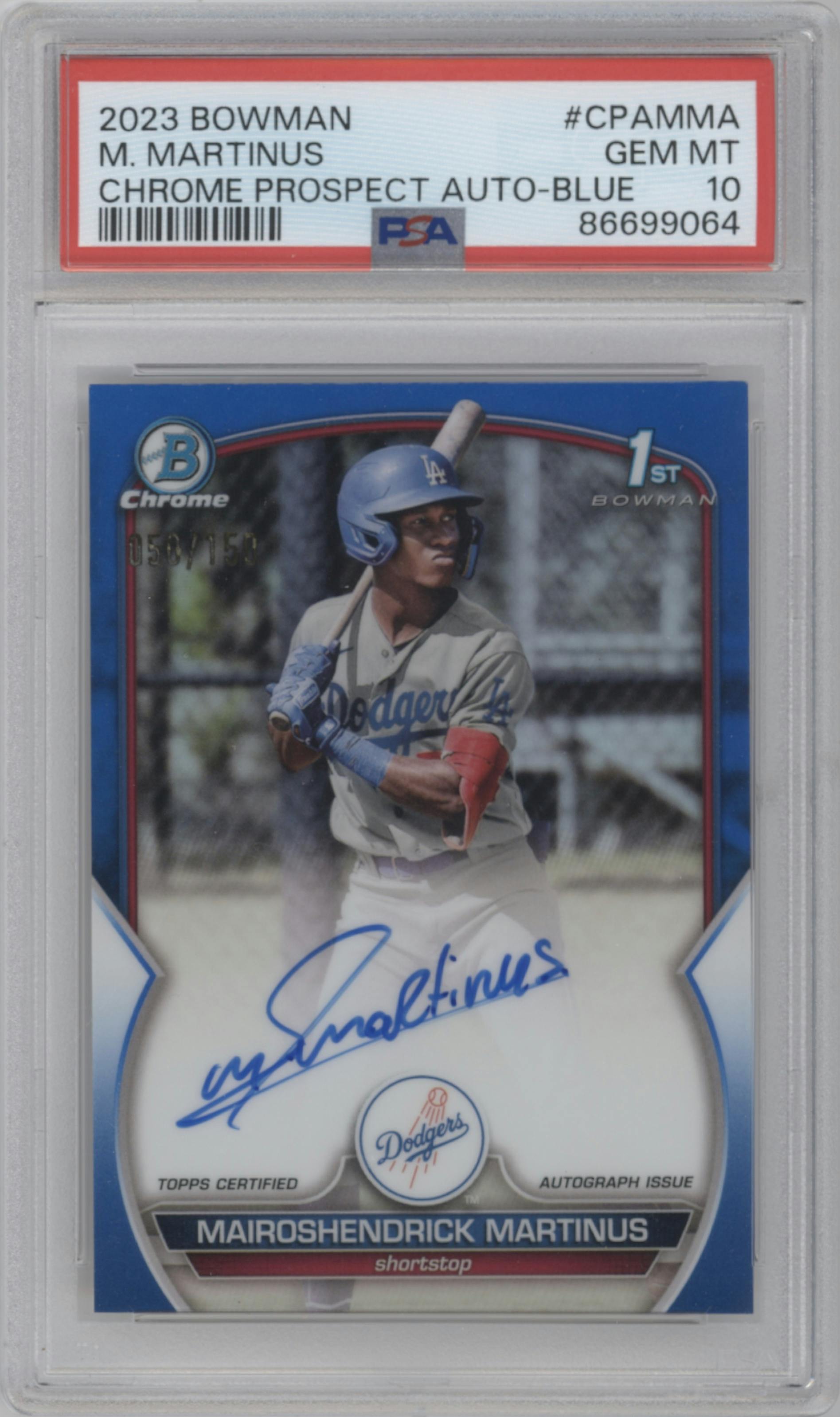 Mairoshendrick Martinus from the 2023 Bowman  set featuring a Blue Refractor parallel graded by PSA and given an overall grade of 10.