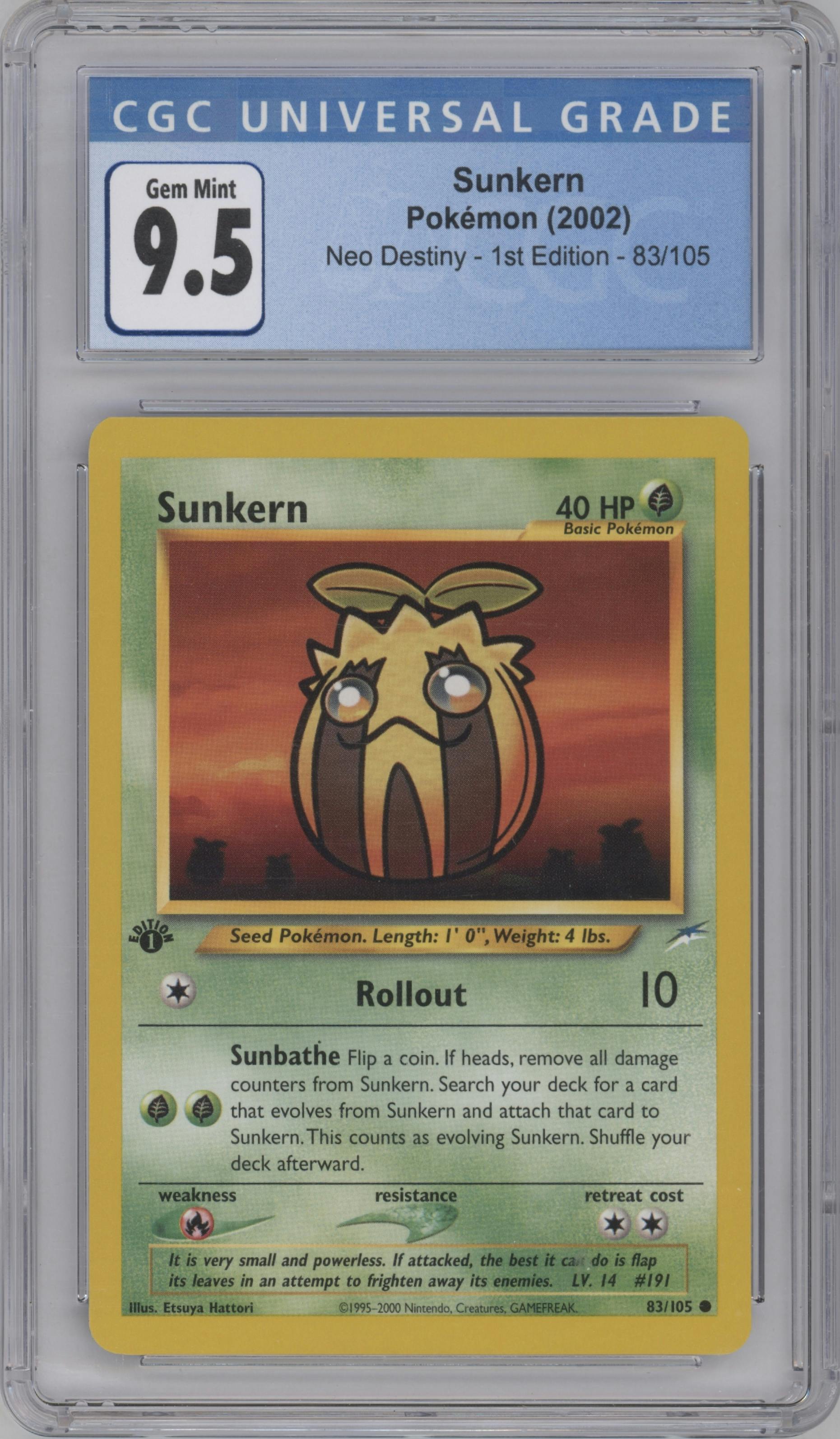 Sunkern from the 2002 Pokemon Neo Genesis set graded by CSG and given an overall grade of 9.5.