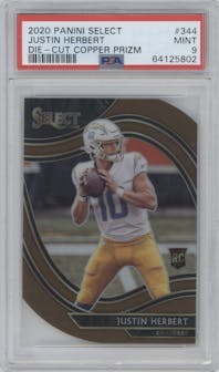 Justin Herbert from the 2020 Panini Select set featuring a Die-Cut Copper parallel graded by PSA and given an overall grade of 9.