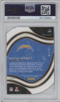 Justin Herbert from the 2020 Panini Select set featuring a Die-Cut Copper parallel graded by PSA and given an overall grade of 9.